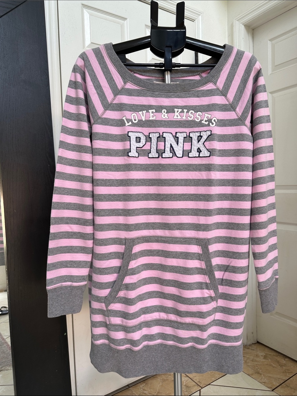 PINK Love & Kisses 100% Cotton Striped Sweatshirt Dress - Pink & Gray Size L